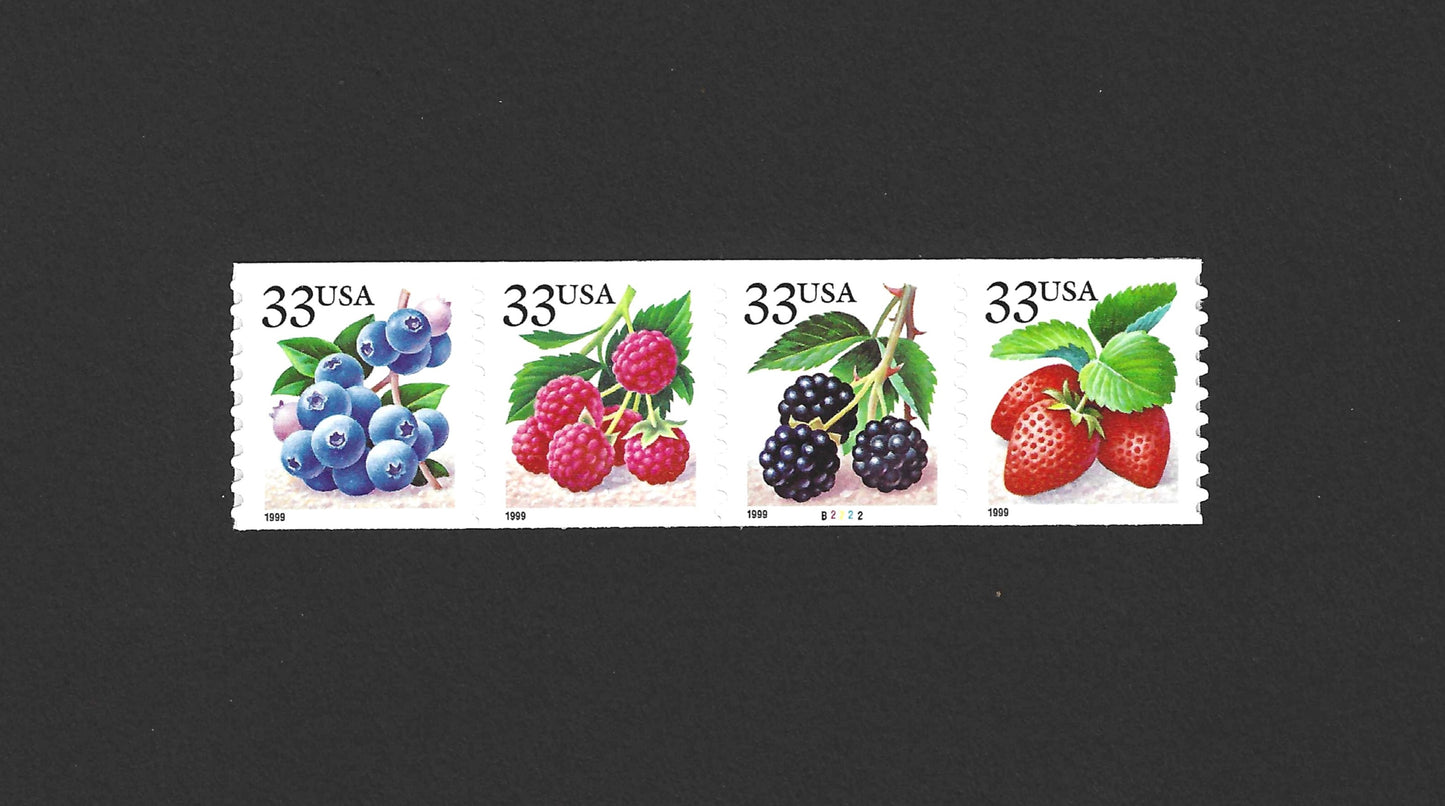 4 Fruit Berries Unused Vintage USPS Postage Stamps 33 cents each. Year 1999 Blueberries, Strawberries, Raspberries, Blackberries